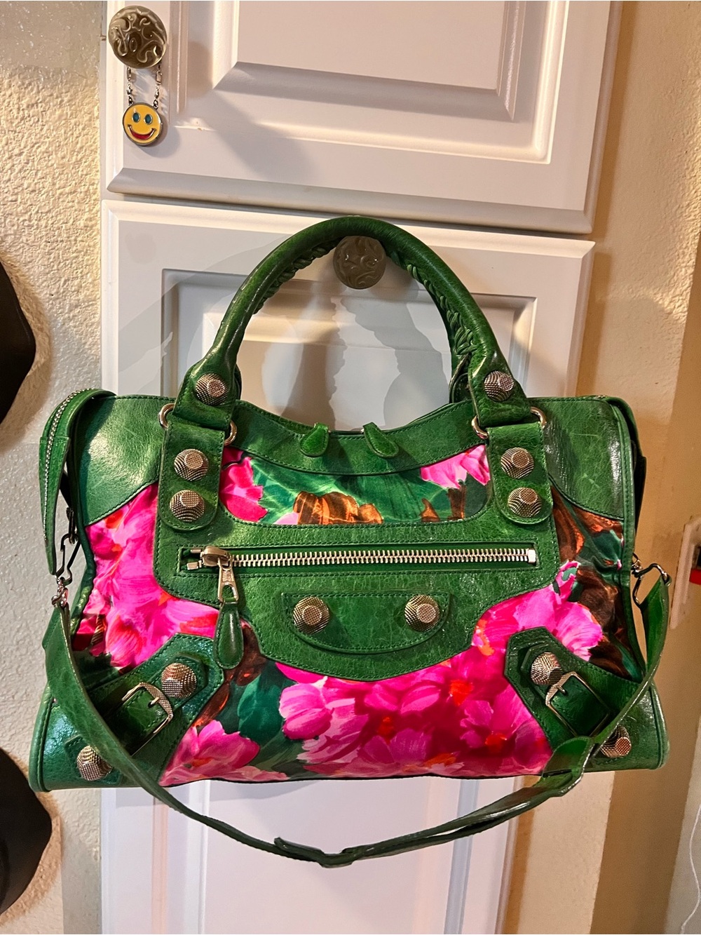 Balenciaga Paris city bag Green and Pink Floral Leather Shoulder Bag